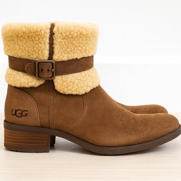 UGG Blayre II Sherpa Lined boot sheepskin brown 7.5 Zip Buckle cozy west heel - Picture 1 of 9